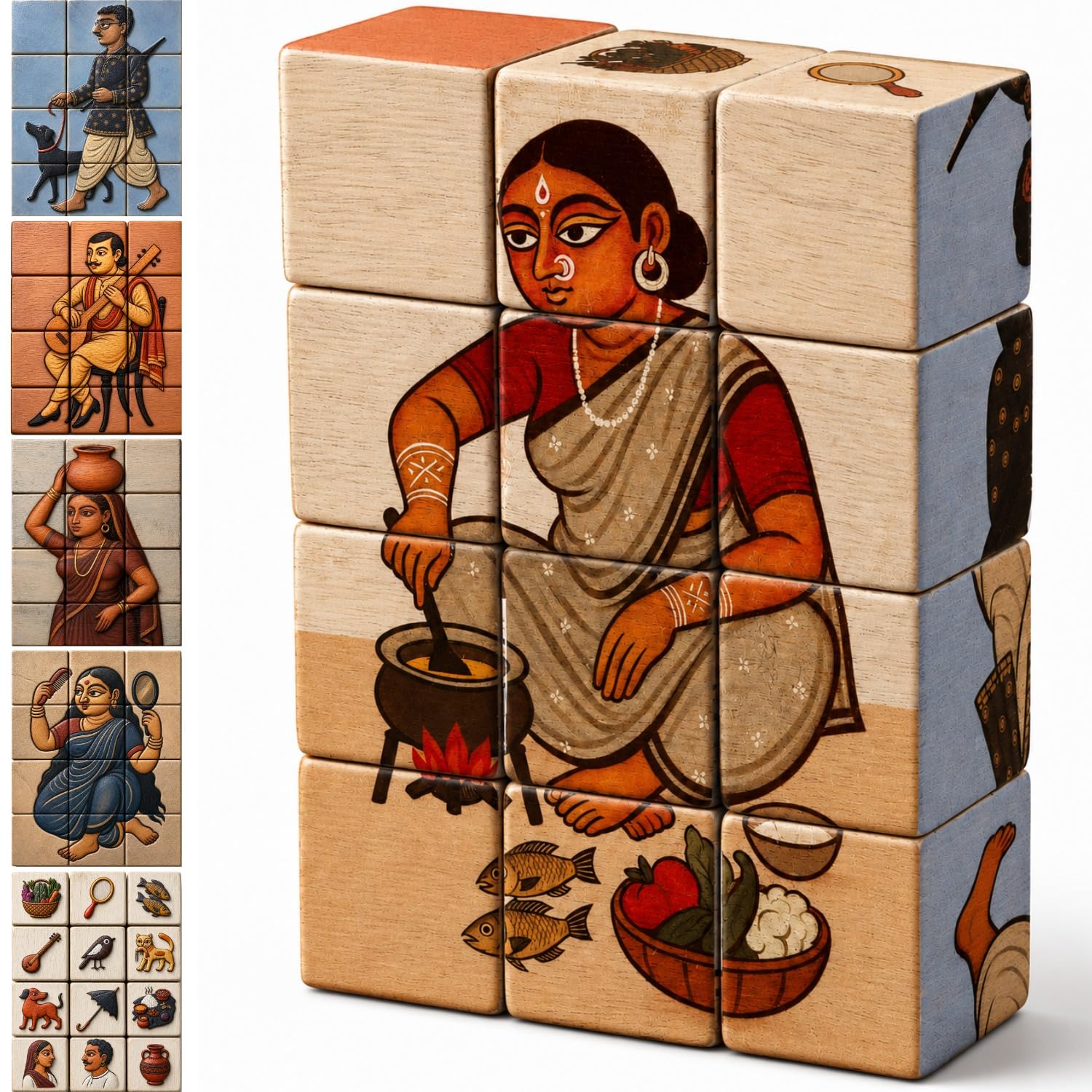 3D Wooden Toys for Kids 3-8 Yrs | 6 Puzzles in 1 Toy + 30 Activities | 12 Natual Wooden Puzzles for Kids with Activity Book | Indian Folk Art Wooden Blocks | Kalighat Theme
