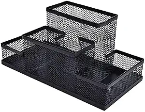 4 Compartment Metal Mesh Desktop Organizer Pen And Pencil Stationery Storage Holder For Home, Study, Stationery And Office Accessories - Black