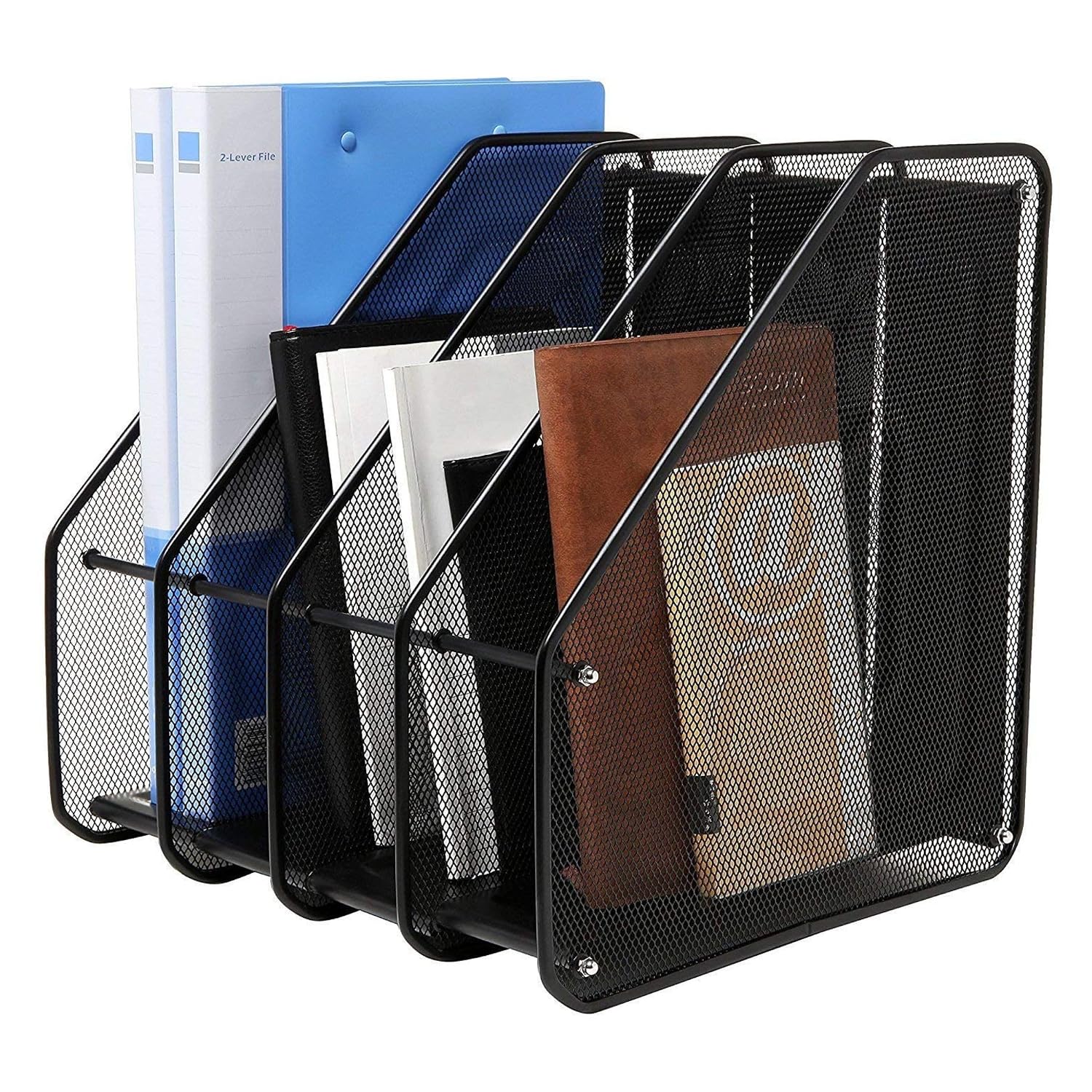 4 Layer Metal Mesh Magazine Holder, Countertop Desk File Organizer 4 Slot| Vertical File Dividers Book Holder & Cabinet Document Storage Rack (Black, Step Shelf) Pack of 1