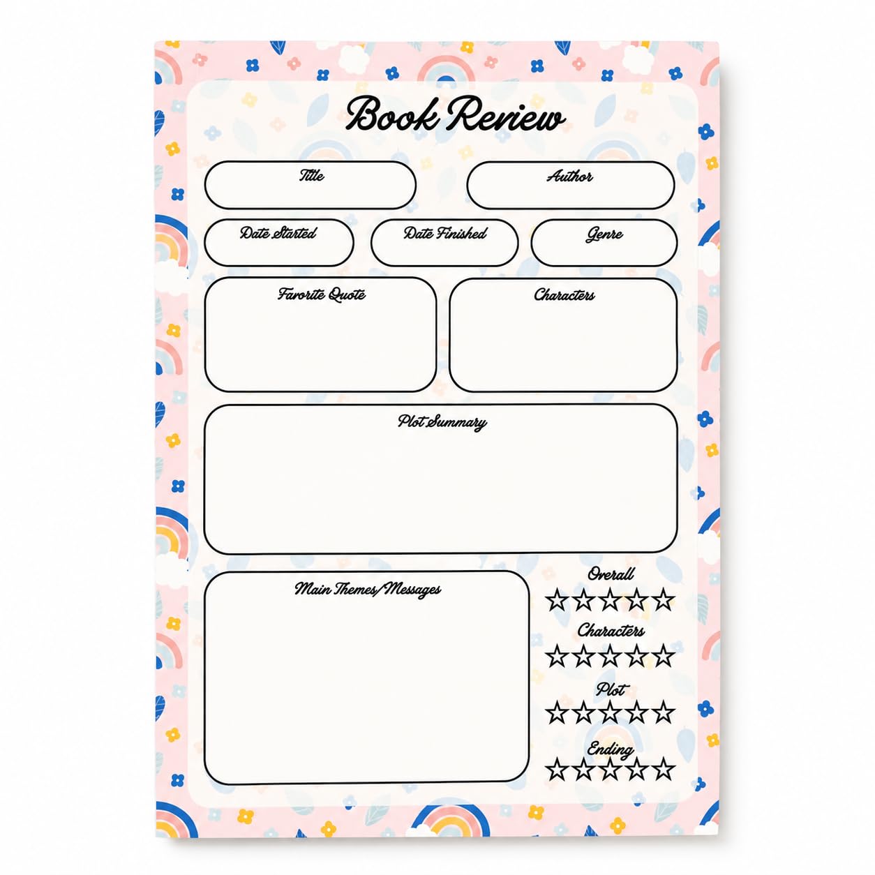 A5 Book Review Notepad – 50 Tear-Off Sheets, Premium 100 GSM Paper | Reading Tracker Log Pad for Book Lovers, Bookworms, and Reading Clubs, 20x14 cm (Rainbow Floral)