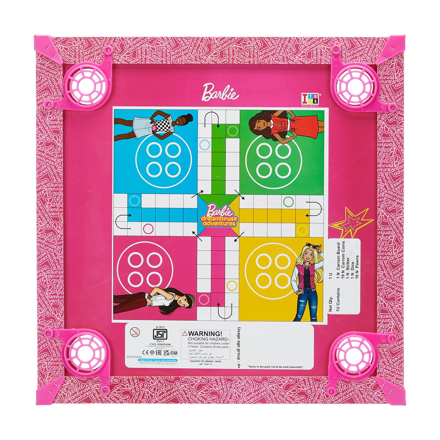 Amazon Brand - Jam & Honey Barbie Carrom Board for Kids 4+ Years, 20x20 Inch Wooden Set with Ludo, Snakes & Ladders, Multi Game Indoor Family Board Game, BIS Certified Safe