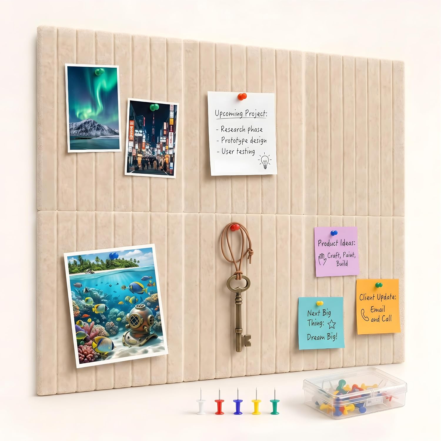 Amzon Basics 6-Piece Felt Bulletin Board, 30 × 30 cm Self-Adhesive Wall Panels with 50 Push Pins, Felt Notice Board for Notes, Photos, Reminders and Schedules – Beige