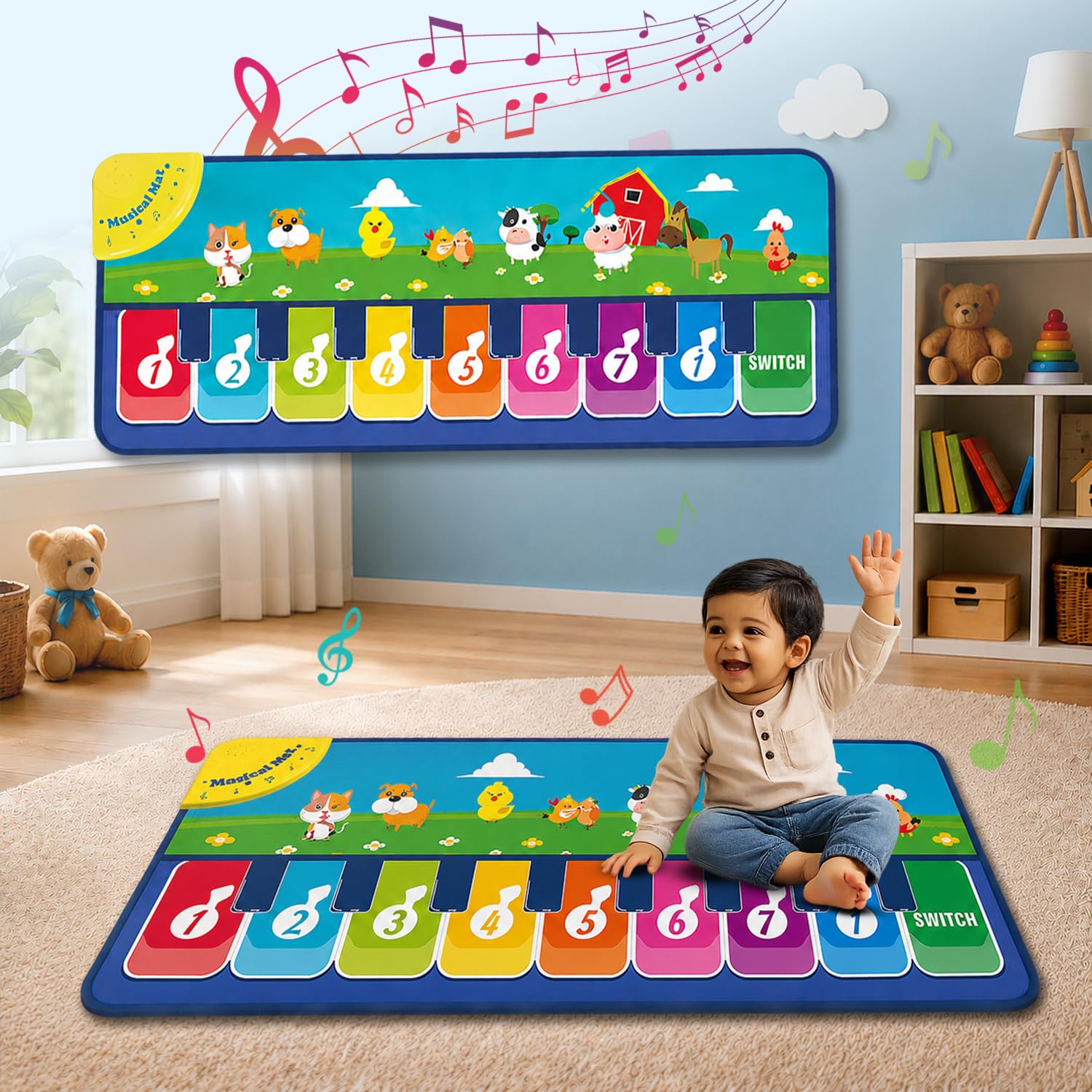 Interactive Baby Musical Piano Mat - Animal Sounds & Music Modes, Fun Learning Keyboard for Toddlers, Lightweight & Portable Musical - Green