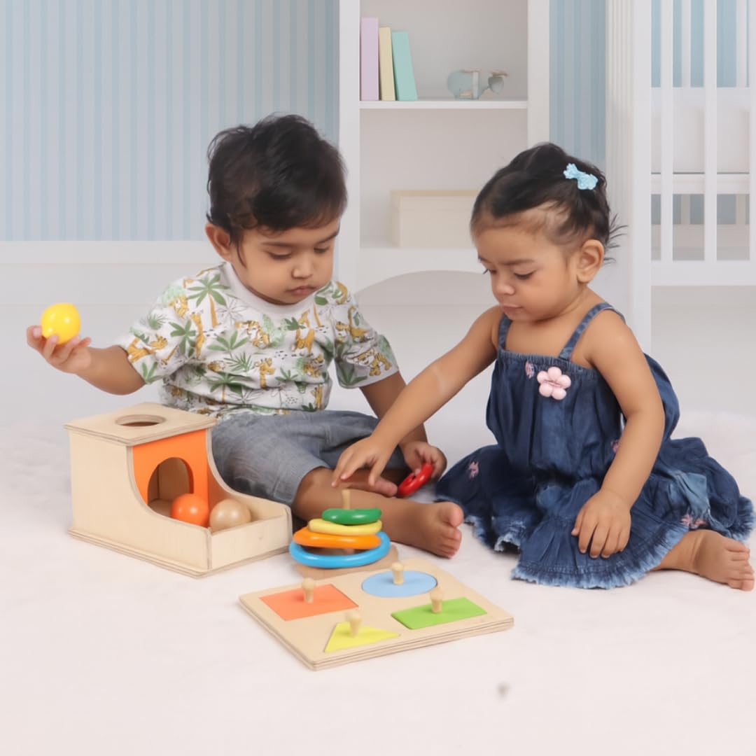Baby Problem Solving Kit 1 | For Babies 6 Months to 1 and 2 Years | 3 Toys - Object Permanence Box, Wooden Ring Stacker & 4-Shape Puzzle | Learning Toys for Cognitive, Motor, Tactile Skills