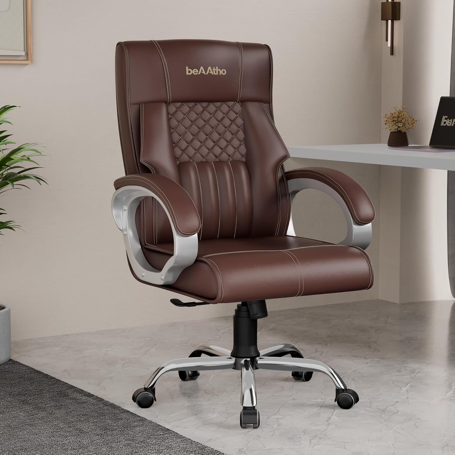 beAAtho® Oxford Leatherette Office Chair with 3 Years Warranty, Ergonomic Leather Orthopedic Executive Boss Chair with Spacious Cushioned Seat | Heavy Duty Metal Base | High Back (Brown)