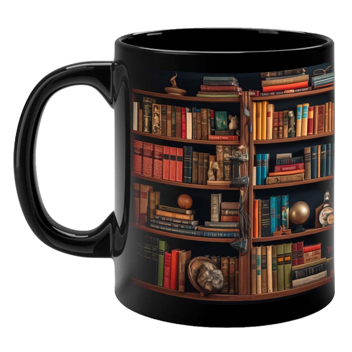 Bookshelf Coffee Mug for Book Lovers and Librarians - Ceramic Cup Bookish Gift for Readers, Book Clubs, Bookworms - Black, 11oz