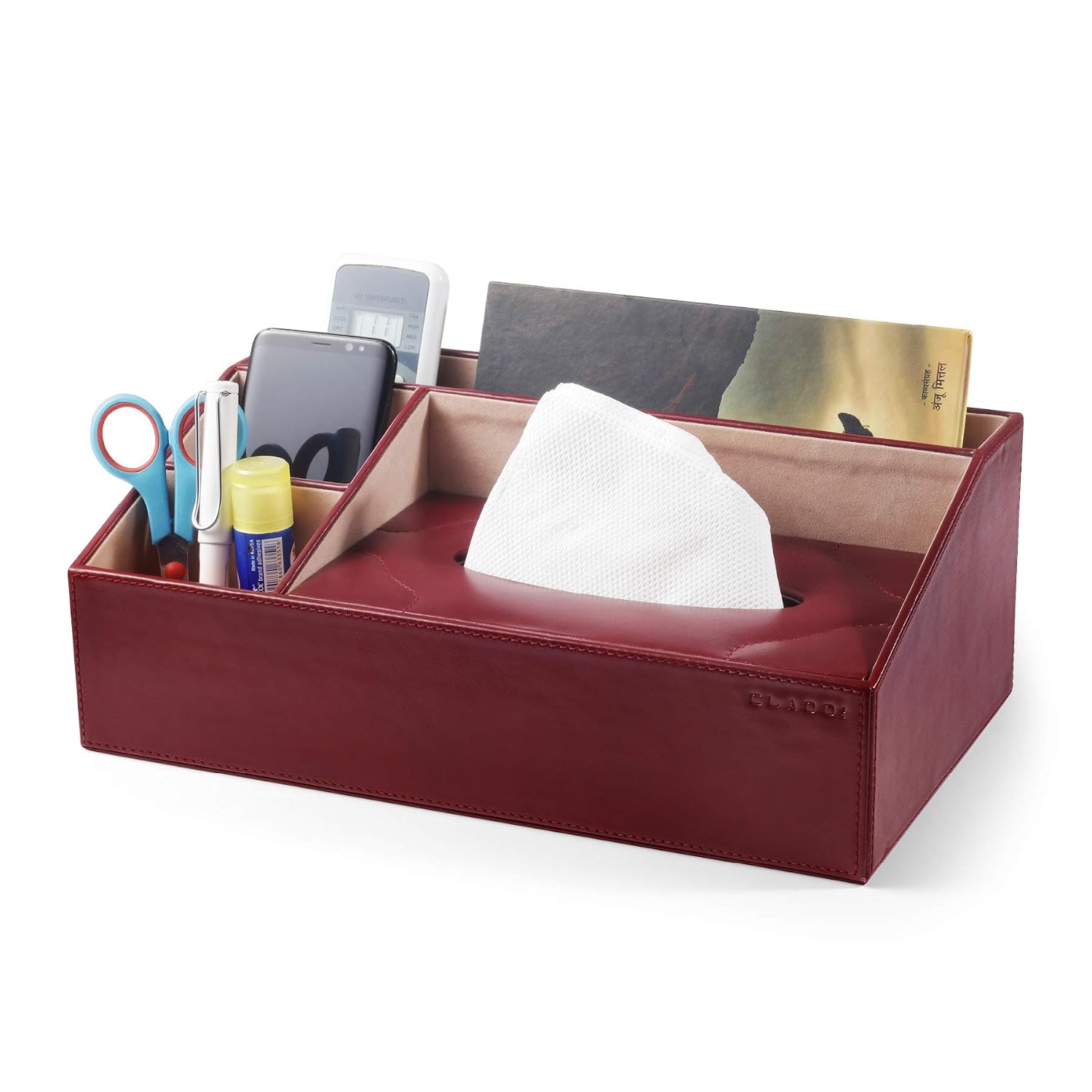 CLADD INTERNATIONAL Faux Leather Organiser/Storage Box for Desk Stationery Supplies Ideal for Use Home | Office | Kitchen | Makeup/Paper/Memo/Phone (Maroon)
