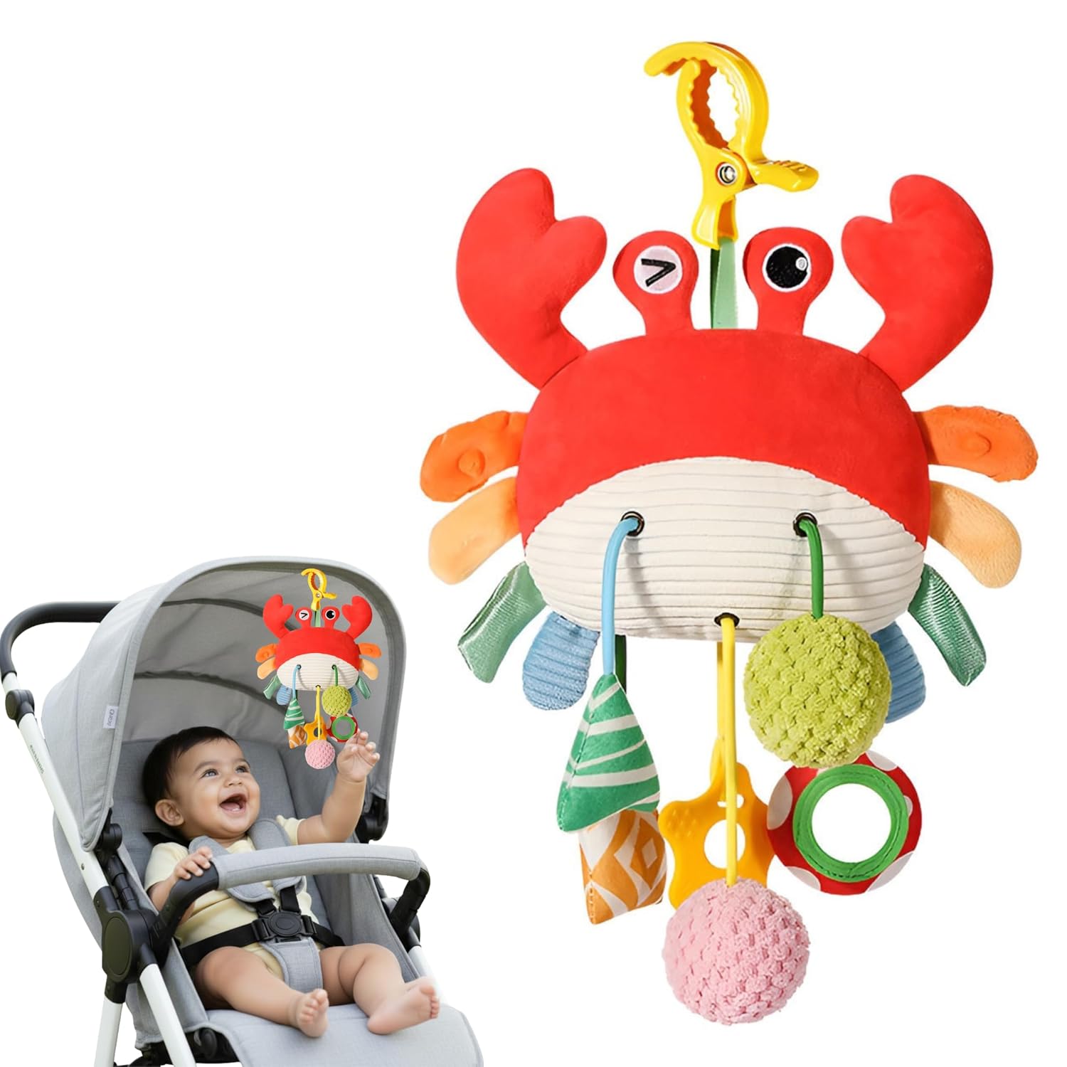 Crab Plush Stroller Toy for Babies 0-12 Months | Colorful Hanging Sensory Rattle Toy with C-Clip for Crib | Washable Interactive Tummy Time Soft Toy | Pram & Car Seat Toy for Toddlers