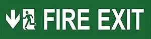Fire Exit Sign Board, Green and White, with Down Arrow