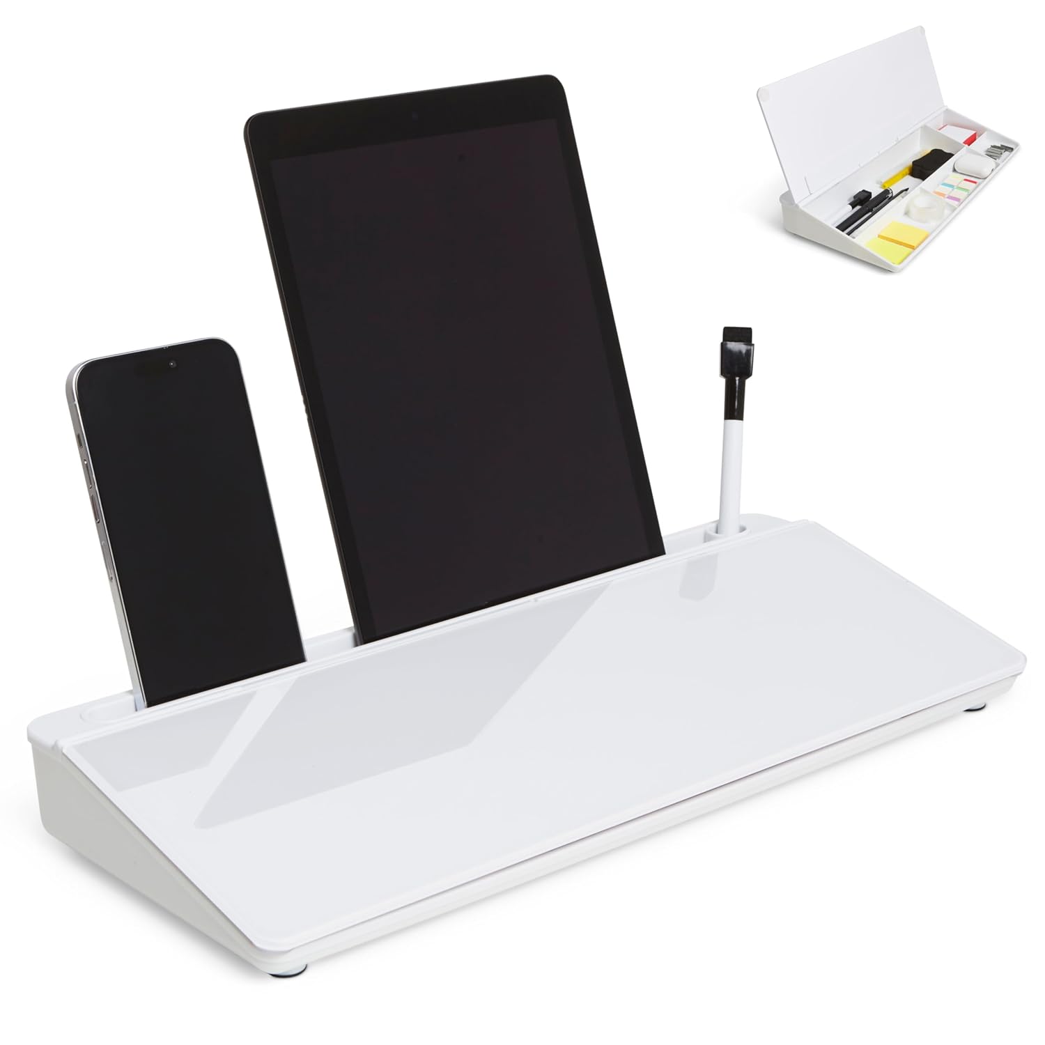 GAROOD Desktop Dry Erase Board With Storage White Keyboard Whiteboard Glass White Board Whiteboard Desk Top Organizer Desk Board Buddy Phone Tablet Holder Office Accessories 15.8 X 7 X 2 Inches