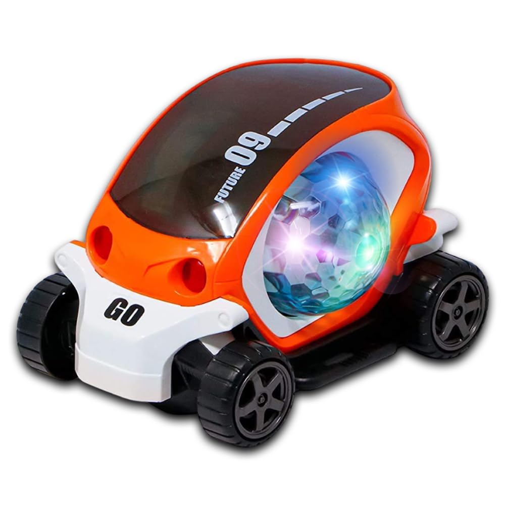 Gooyo GY-158A 360° Rotating Stunt Car Toy with Music & 4D Vibrant Lighting Effect | Bump & Go Action Car for Kids | Musical Toy Car | Orange | 3xAA Battery (Not Included)