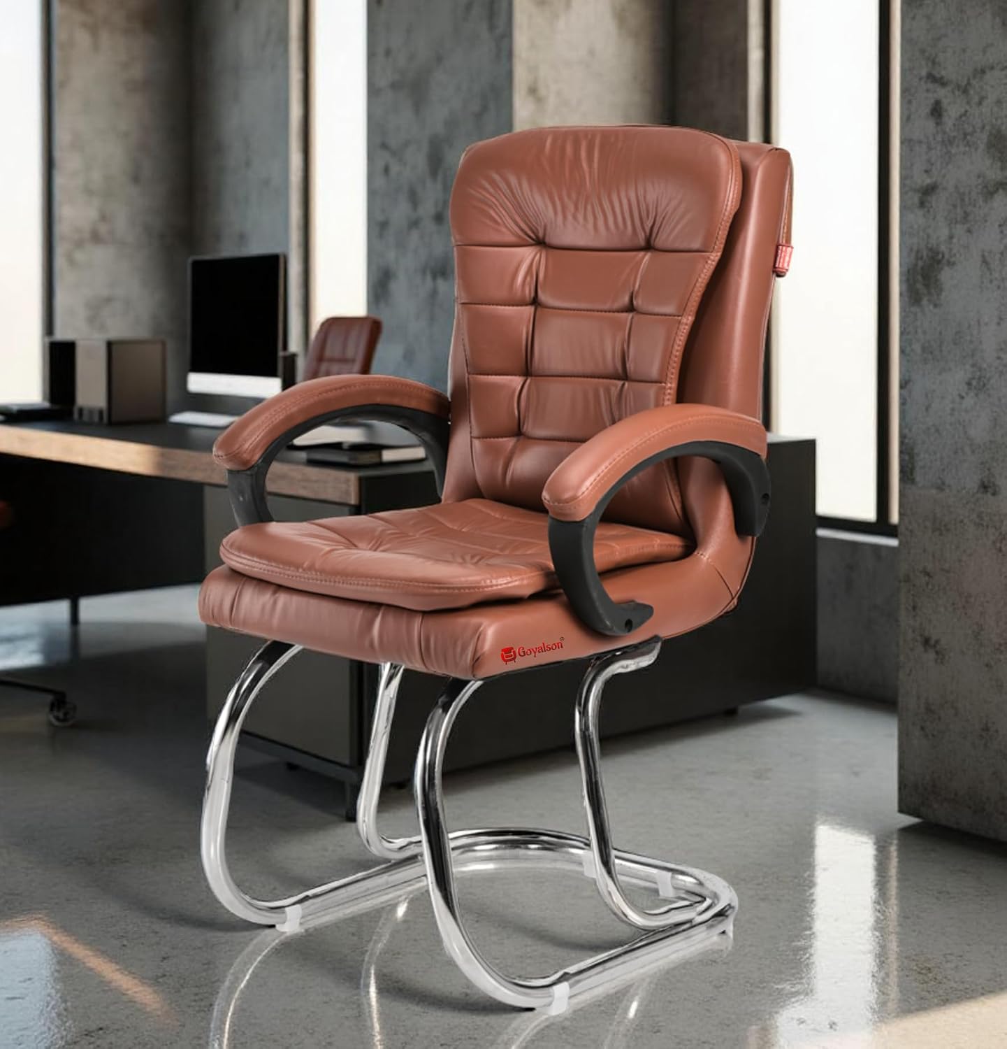 GOYALSON Leatherette Double Cushion Office Guest Chair Sleek, Comfortable Seating for Visitors in Lobby, Reception (1, Brown, Double Pipe Chrome Steel Frame)