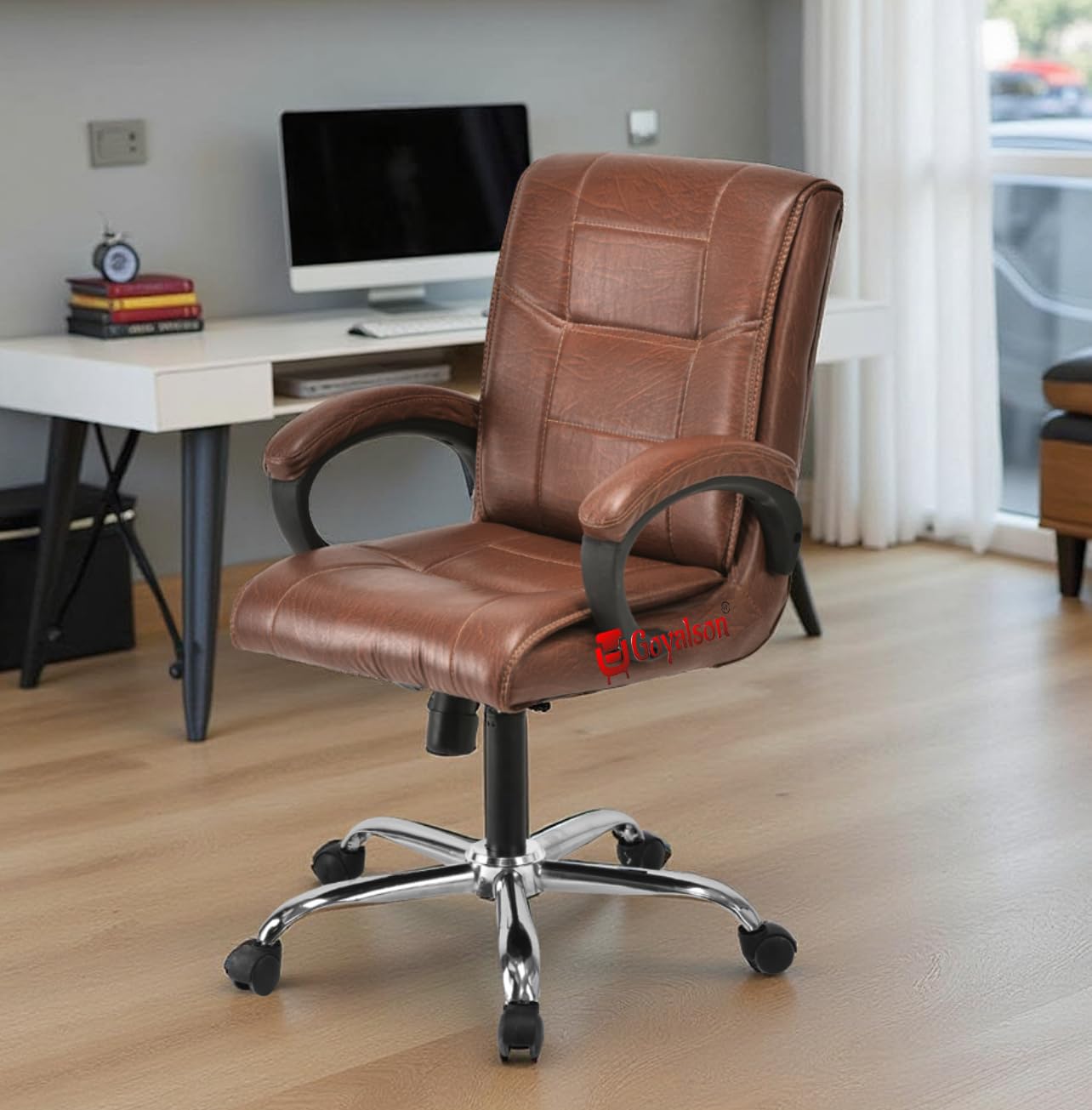 GOYALSON Stainless Steel Comfortable Revolving Chair for Director Principal Manager Office with arm Rest with Wheels and Cushioned seat Back (1, Brown, Heavy 1)