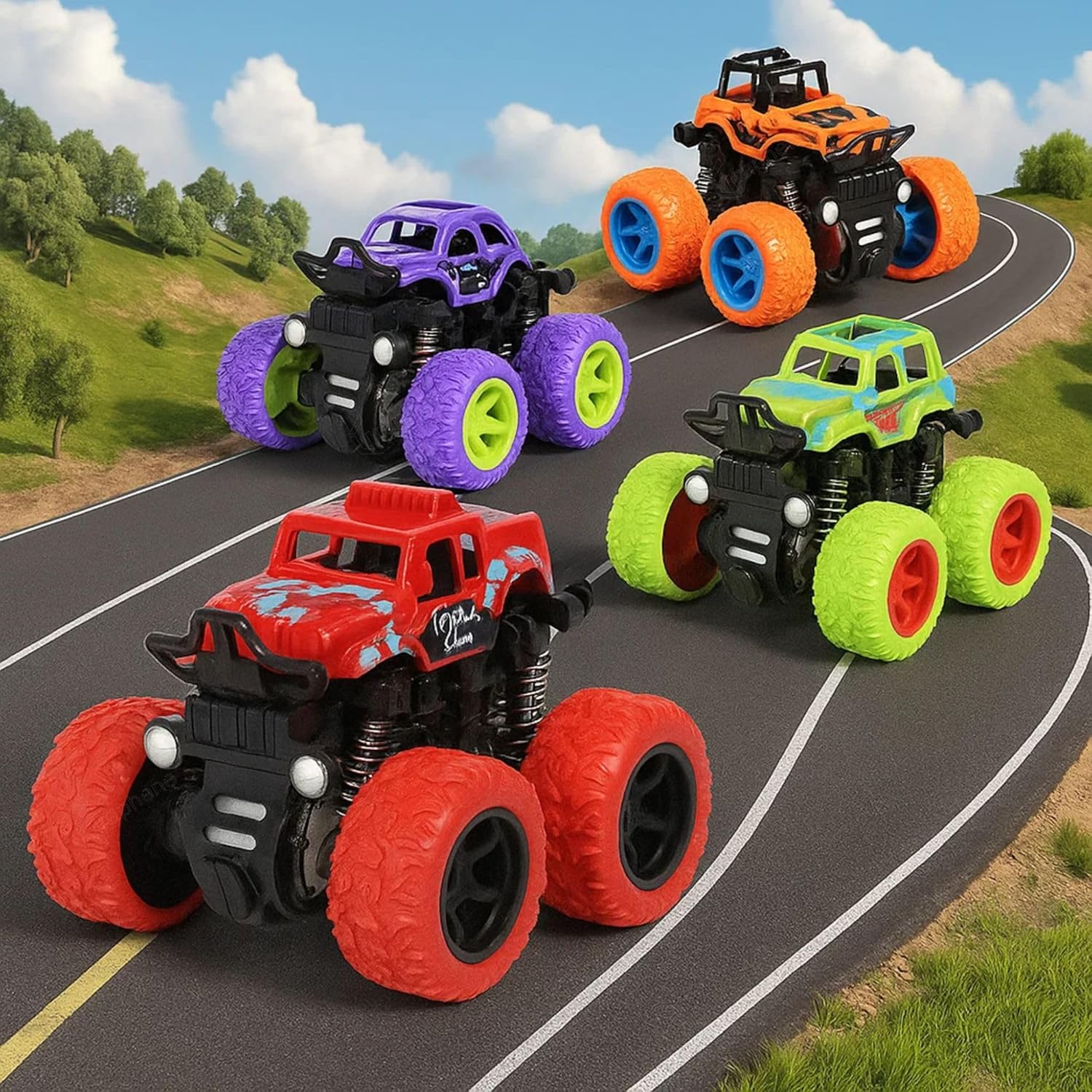 Graphene 4pcs 4WD Monster Truck Toy for Kids Friction Powered 4x4 360° Stunt Car All-Terrain Spin Push & Go Action Off-Road Vehicles Non-Slip Tires Vibrant Colour Toys 2-8 Years Boy Girl Birthday Gift