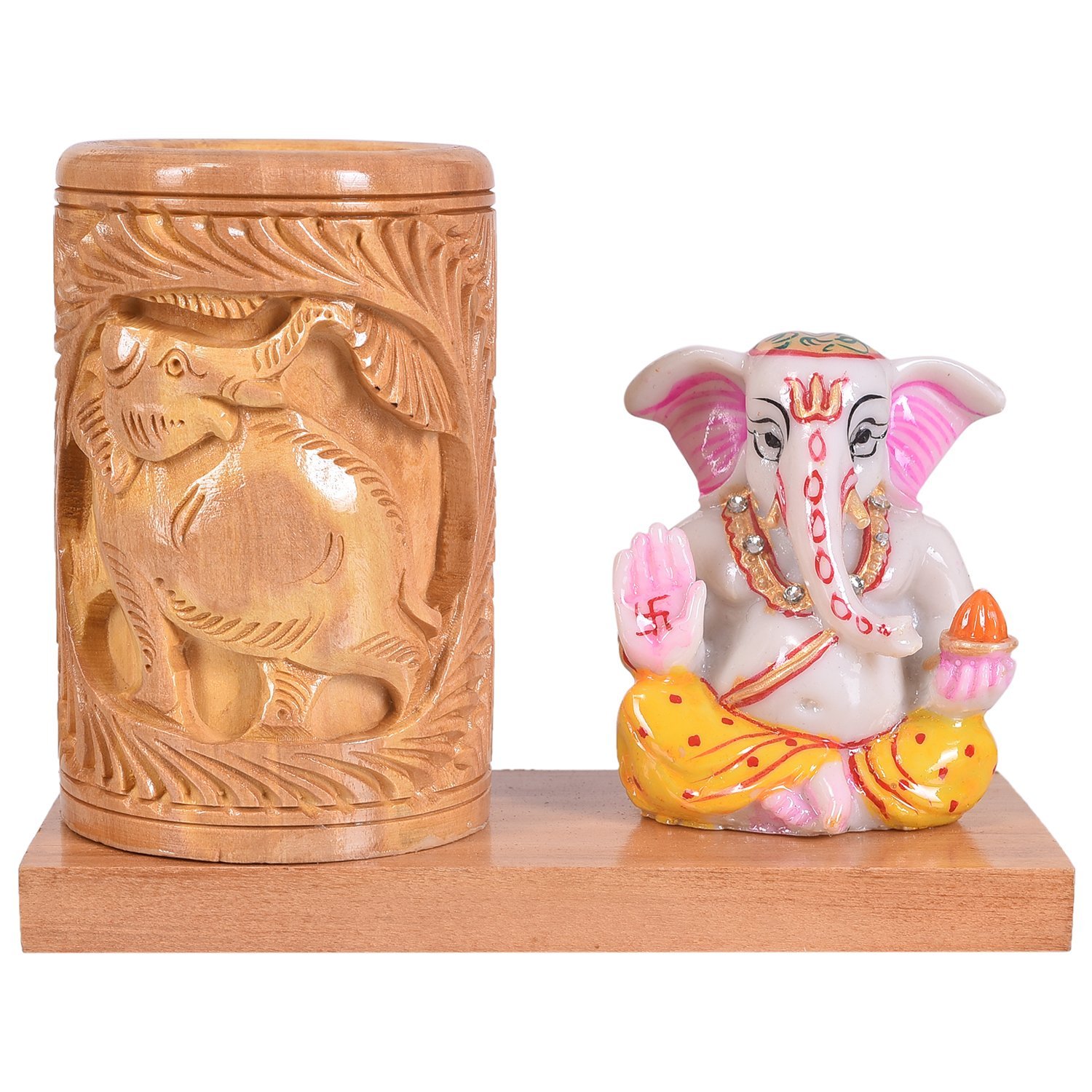Handicrafts Wooden Pen Stand - Office Desk Organizer with Decorative Ganesha Statue Holder Decorative Showpiece - 15 cm (Wood, Polyresin, Multicolor) Be the first to Review this product