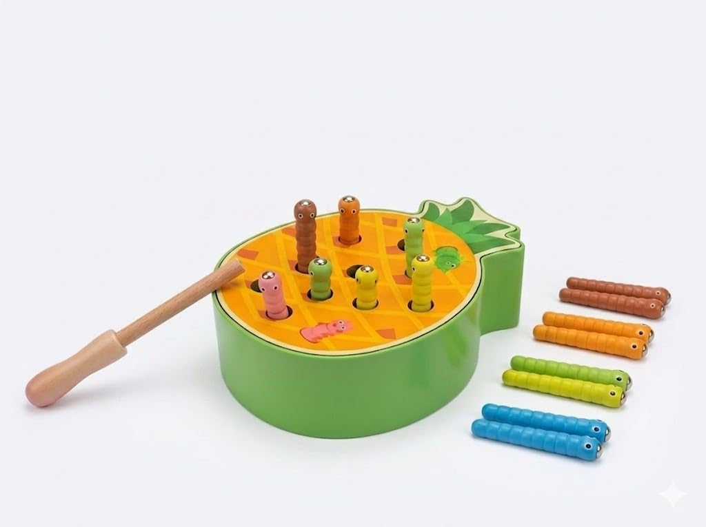 HAPPY HUES® Sorting & Stacking Toy- Skills Enhancement Motor Skill Toys for Toddlers/Kid -Magnetic- Capture The Worms Toys | Early Educational-Montessori Toy (Pineapple)