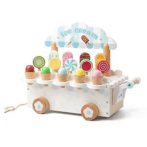 Happy Hues Wooden Toy Set Pretend Play Kitchen Food Set- Pretend Cutting Fruits, Kitchen Toy Accessories for Kids (ICE Cream CART)