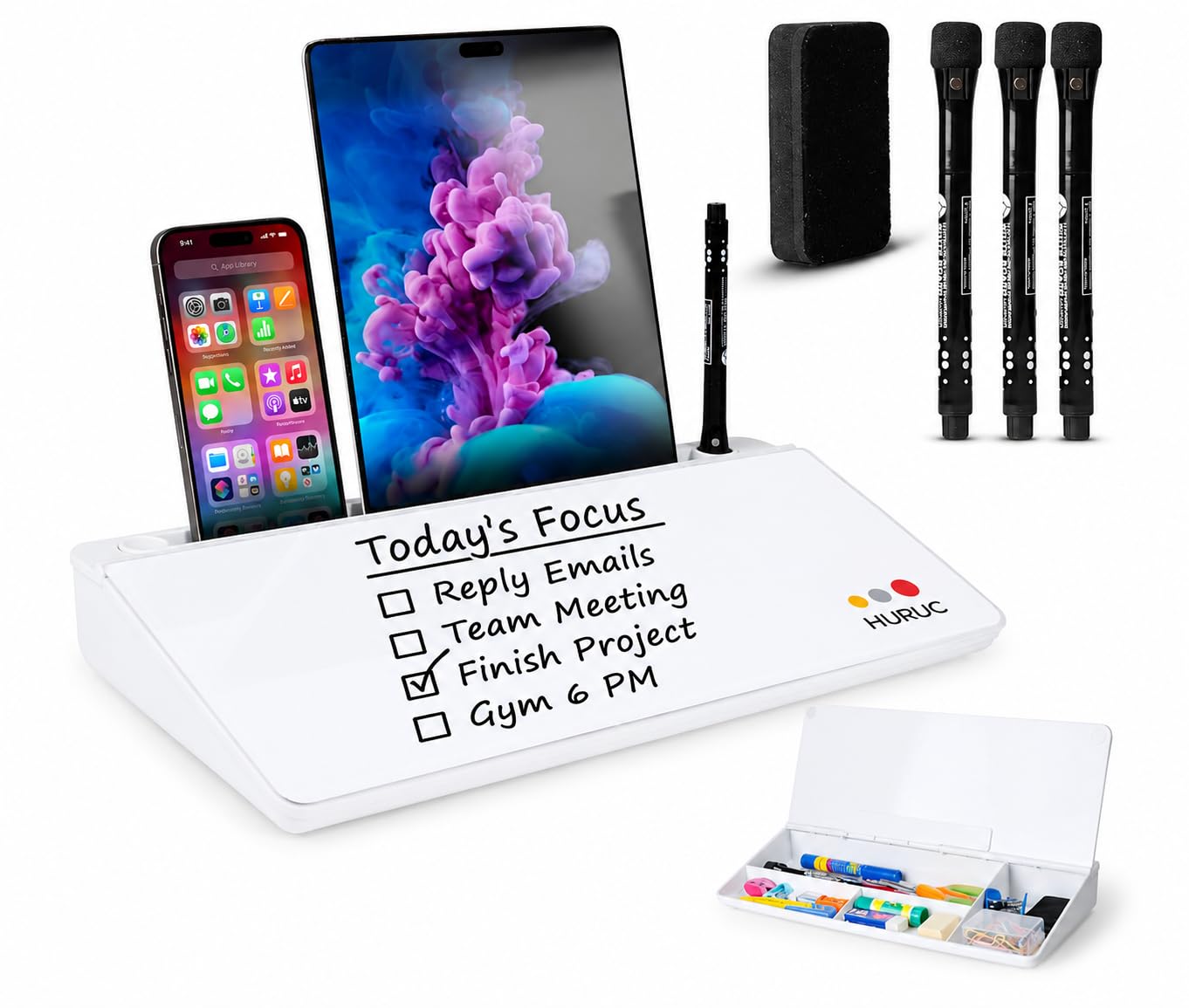 HURUC Desk Buddy Glass Desktop Whiteboard – Desk Board Buddy Hidden Storage