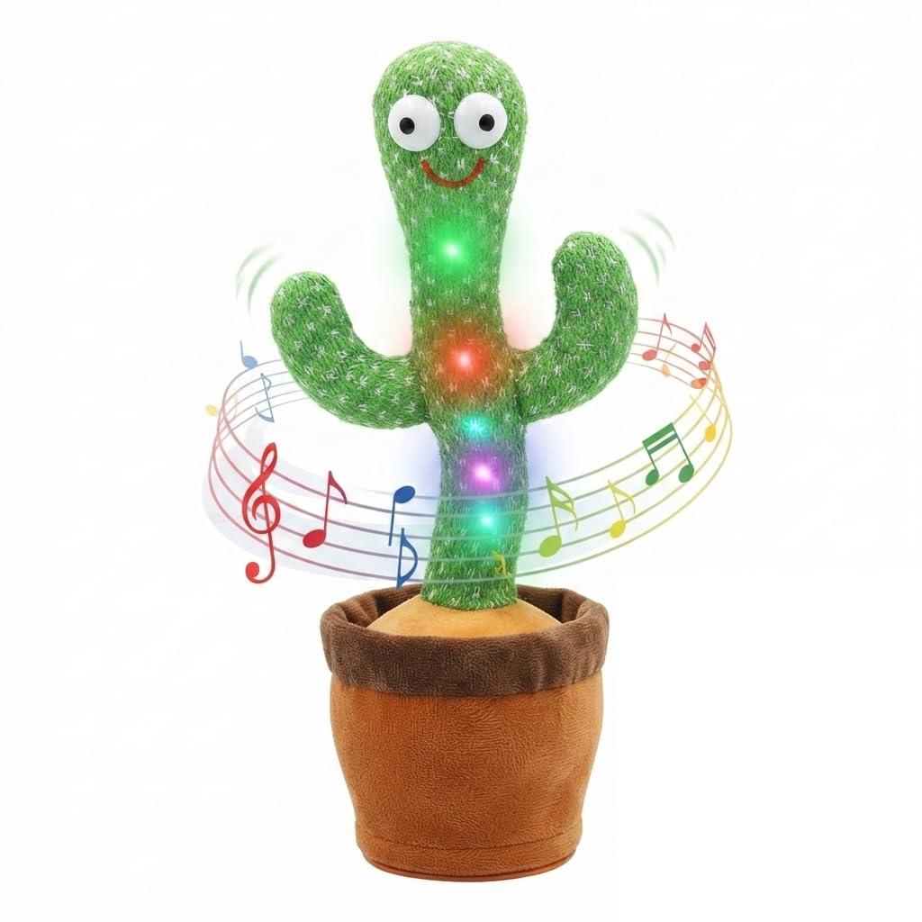 Interactive Dancing Cactus Toy – Singing & Talking Plush Cactus that Repeats What You Say, Wiggles and Dances with LED Lights, Musical Educational Toy for Babies, Toddlers, Boys & Girls