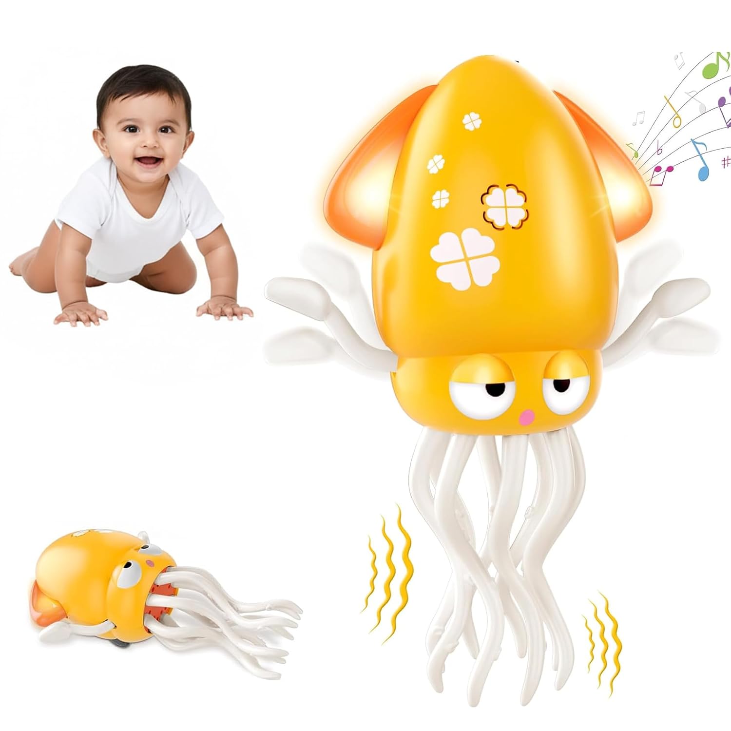 Kidology Dancing Octopus Tummy Time Toy for Babies - Squid Toys | Musical Crawling Baby Toy with LED Lights | Supports First Crawl to Toddler Play | Sensory Interactive Gift for Boys & Girls - Yellow
