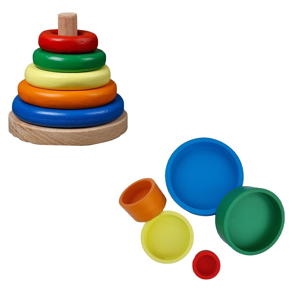 Montessori Ring Stacker & Nesting Bowls Combo | Developmental Toys for Babies & Toddlers | Fine Motor Skills, Hand-Eye Coordination & Sensory Play | Safe, Durable Learning Toys for 6+ Months