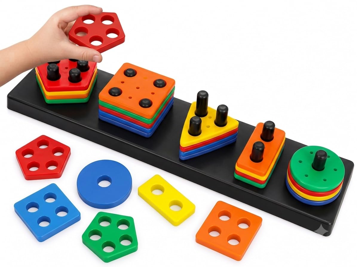 Montessori Shape Sorting & Stacking Toy | Educational Peg Board Puzzle for Toddlers | Color, Shape & Counting Learning Game