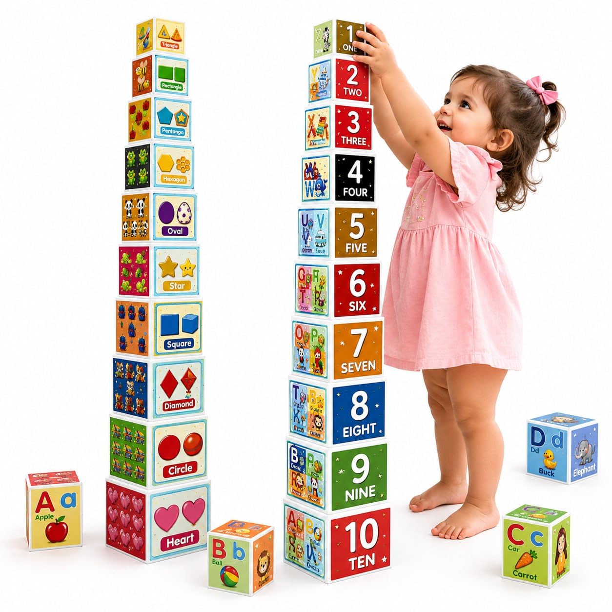 Novo Baby Stacking Cubes for Toddlers 1-3 Years, 10 Nesting Stacking Blocks, Baby Toys 1+ Year Old, Montessori Learning Toy with Numbers, Animals, Shapes and Counting