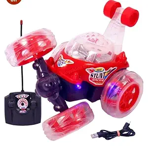 Pink 360° Rotating Stunt Car Toy for Kids – LED Light Up Off-Road RC Vehicle with Flip & Spin Action, Rechargeable Electric Remote Control Car for Girls, Boys, Toddlers (RC 360 (RED))