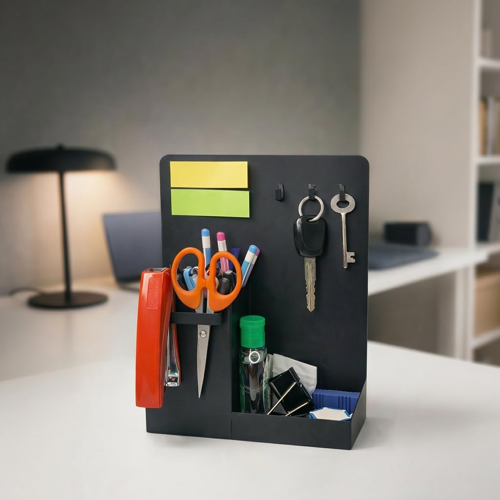 Premium Heavy-Duty Metal Desk Organizer – Matte Black Stationery Holder for Office | Stable, Multi-Compartment Desk Accessory with Hooks