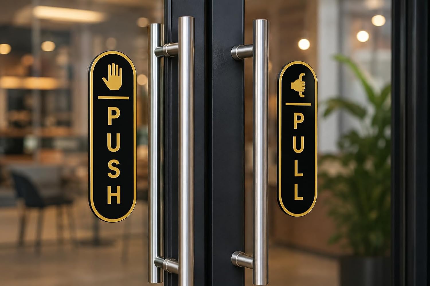 Premium Push Pull Door Sign Set, Acrylic Mirror Gold & Black, 2 x 6 Inches, Self-Adhesive & Water Resistant, Perfect for Office, Shop, Cafe & Restaurant Doors (Pack of 2)
