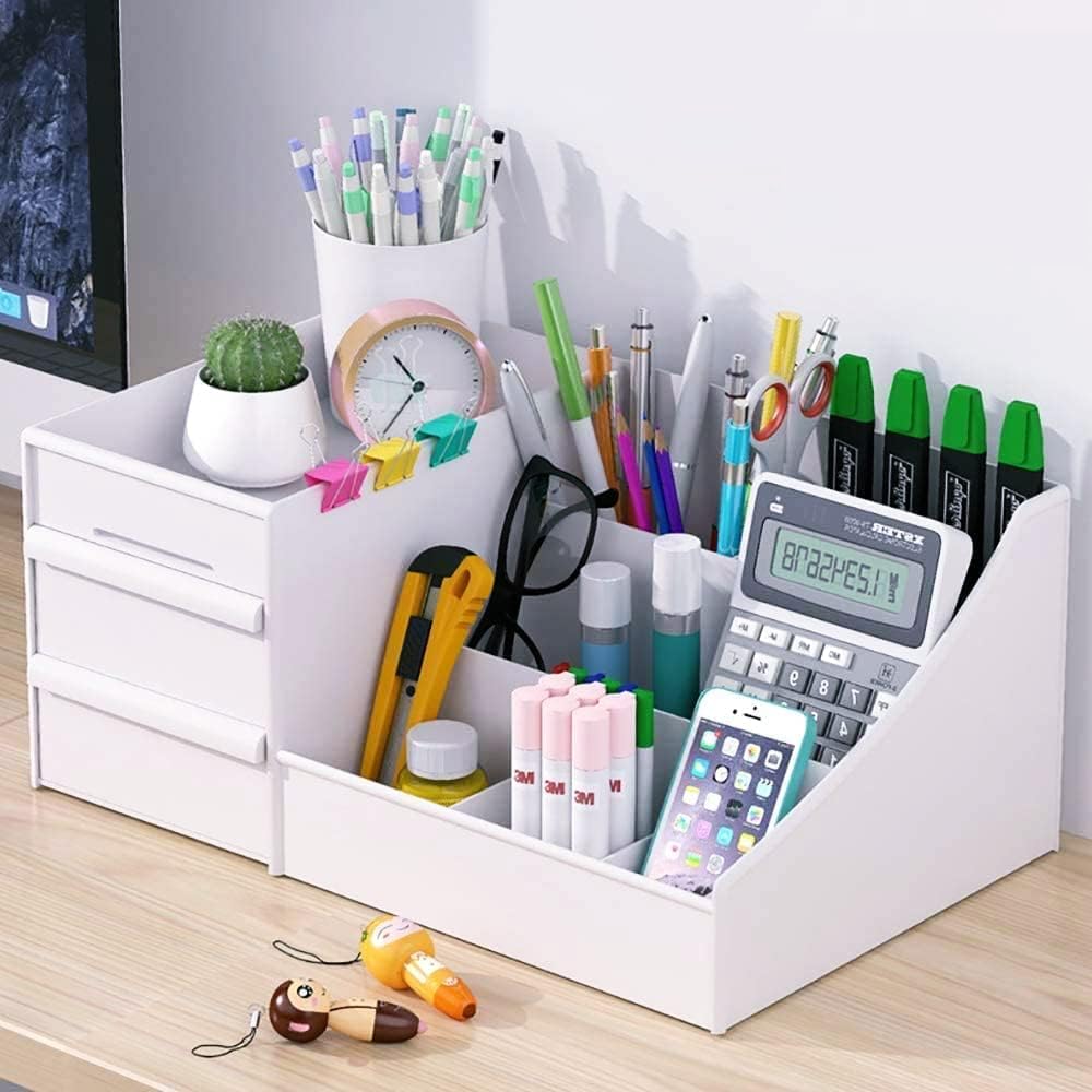 Shuttle Art Office Desk Organizer with Drawer, All in One Office Supplies and Cool Desk Accessories Pen Holder, Enhance Your Decor, Desktop 8-Compartment Laddered Desk Organizer(White)