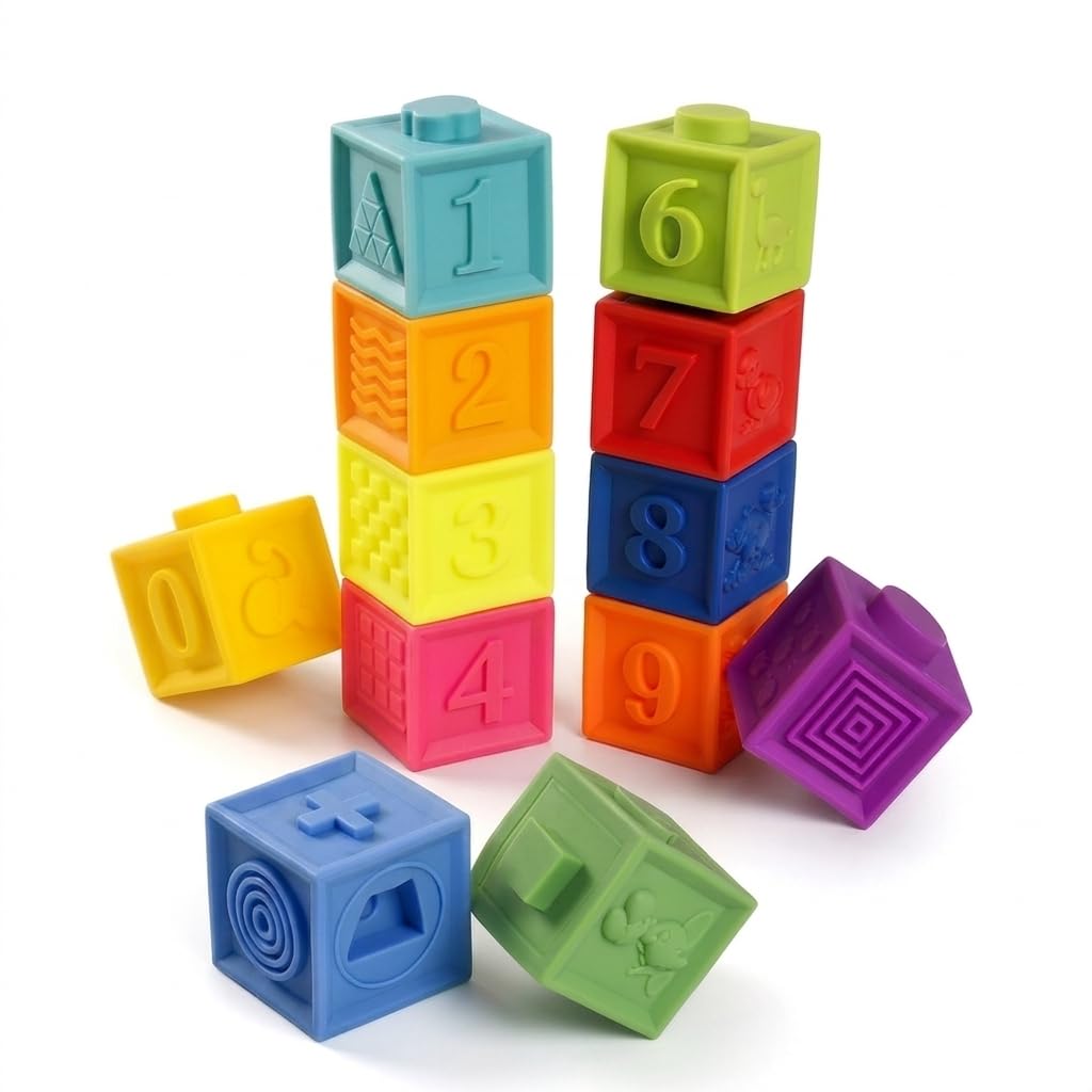 Soft Baby Building Blocks Colorful Soft Stack & Learn Toy for Toddlers|BPA-Free, Chewable, Educational Sensory Blocks with Numbers, Animals, Fruits, Textures & Shapes (Set of 12)