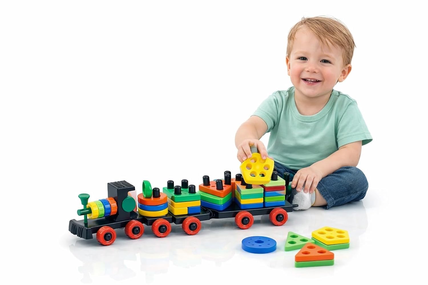 TEC TAVAKKAL 3-in-1 Learning Train Toy for Toddlers | Pull Along Shape Sorting & Stacking Puzzle with Hammer | Geometric Blocks Educational Toy | Montessori Early Development Gift for Boys