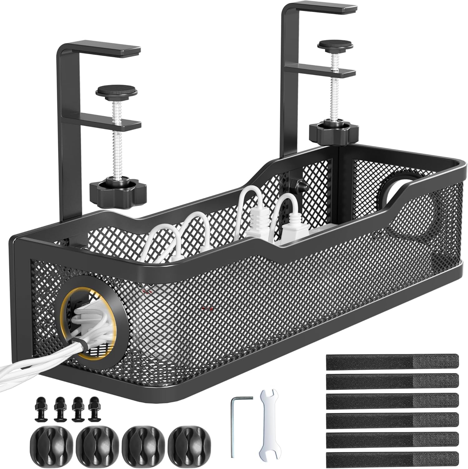 Under Desk Cable Management Tray, Cable Organisers, Cable Management Tray for Power Strips, Extension Boards & Wires, Metal Cable Organizer Rack for Home & Office (with Mobile Holder) (Black)