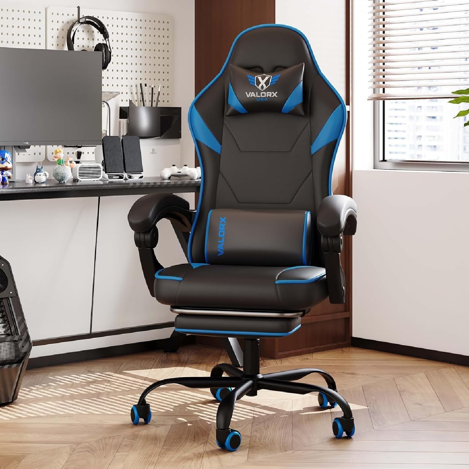 ValorX USA Striker 2026 Edition | Ergonomic Gaming & Office Computer Chair | Premium PU Leather | Dual Massager Back Support | Adjustable Neck & Lumbar Pillow | Ergo Sync Armrests | Footrest (Blue)